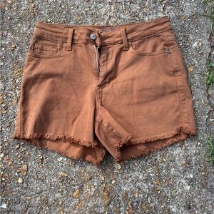 Judy Blue Brown Denim Garment Dyed Frayed Hem High Rise Shorts Size Small